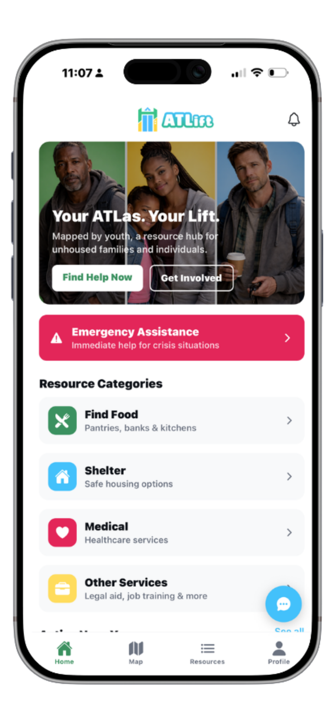 ATLift app home screen showing resource categories